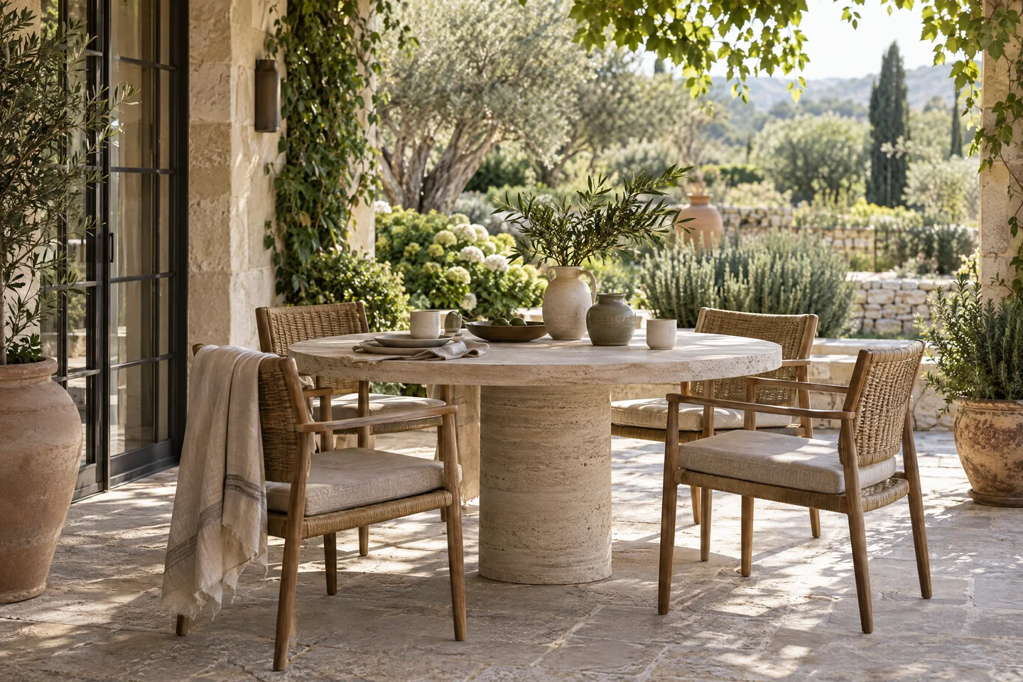An unbranded outdoor dining table on a shaded stone terrace.