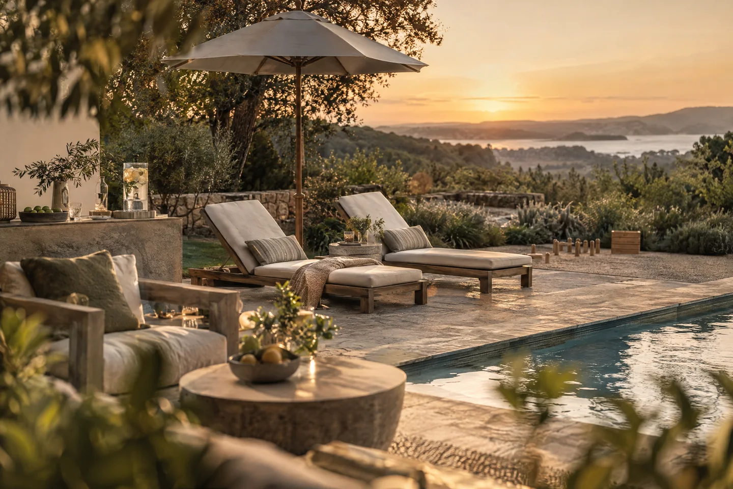 A composed outdoor poolside gathering space in late afternoon.