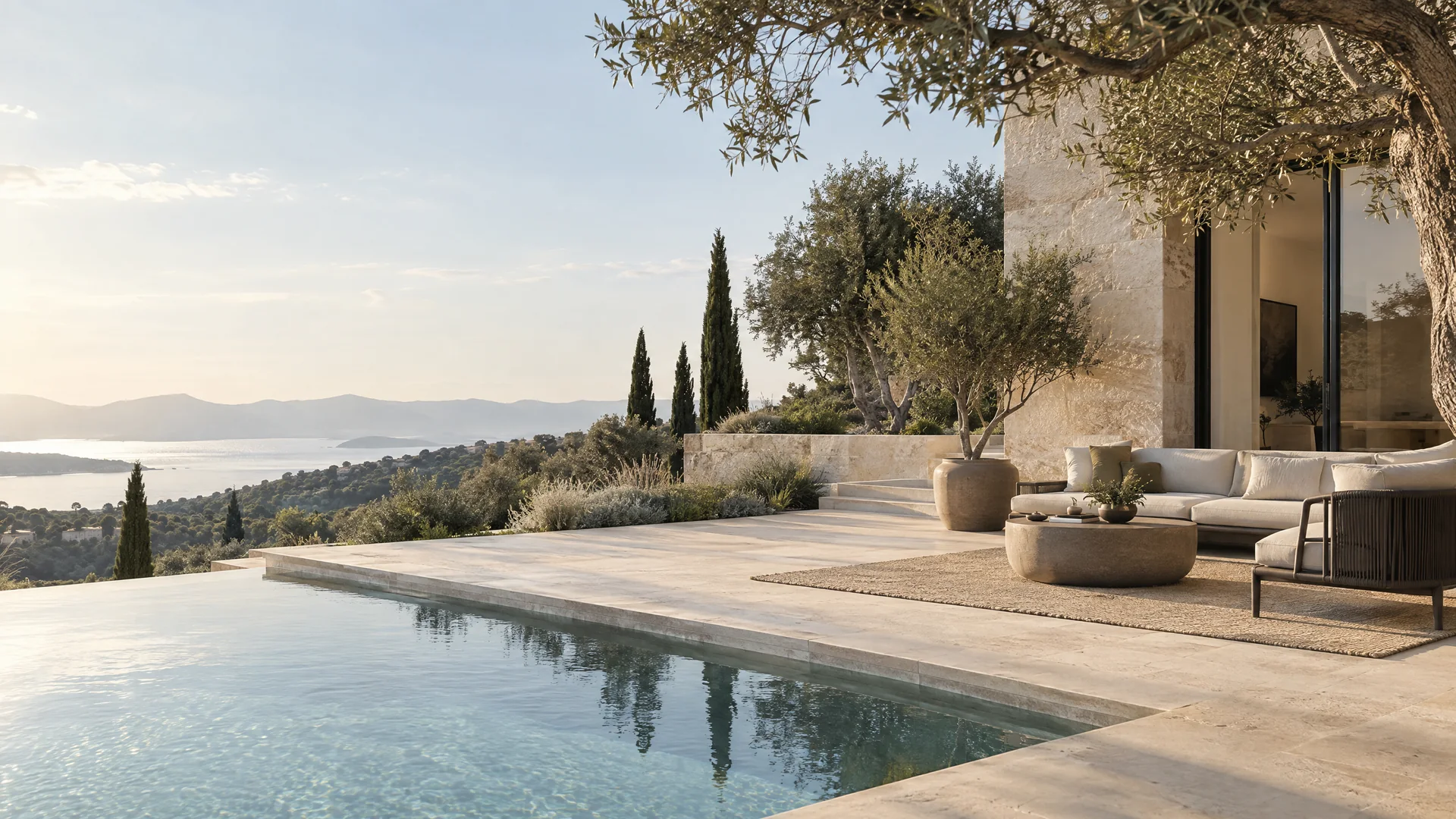 An architectural poolside courtyard with an unbranded lounge setting and olive trees.