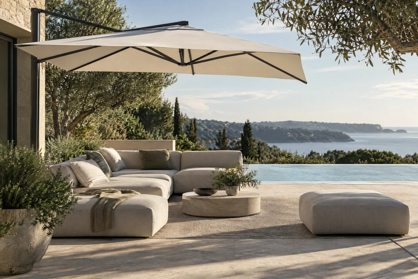 A shaded outdoor lounge in a quiet poolside setting.